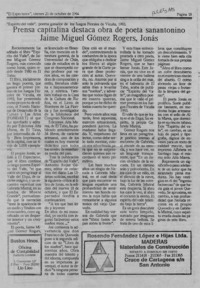 Prensa capitalina destaca obra de poeta sanantonino Jaime Miguel Gómez Rogers, Jonás  [artículo].