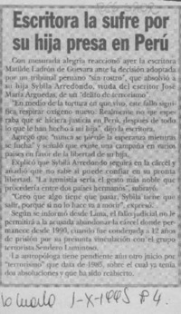 Escritora la sufre por su hija presa en Perú  [artículo].