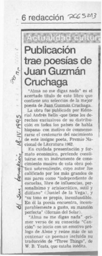 Publicación trae poesías de Juan Guzmán Cruchaga  [artículo].
