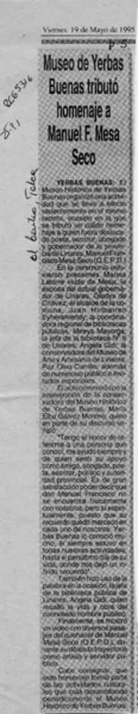 Museo de Yerbas Buenas tributó homenaje a Manuel F. Mesa Seco  [artículo].