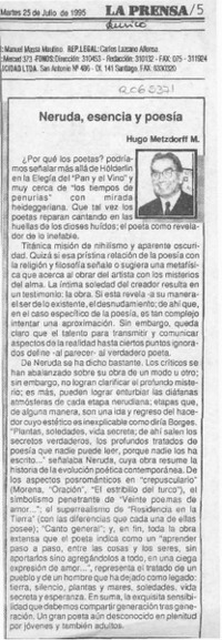 Neruda, esencia y poesía  [artículo] Hugo Metzdorff N.