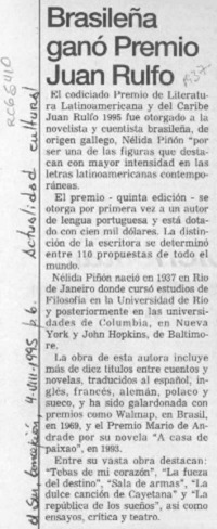 Brasileña ganó Premio Juan Rulfo