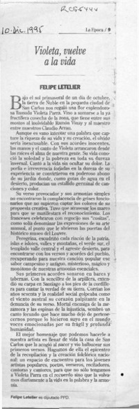 Violeta Parra  [artículo] Felipe Letelier.