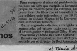 Lanzan libro de refranes y proverbios chilenos  [artículo].