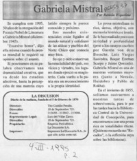 Gabriela Mistral  [artículo] Ramón Riquelme.