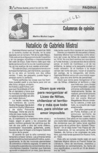 Natalicio de Gabriela Mistral  [artículo] Marino Muñoz Lagos.