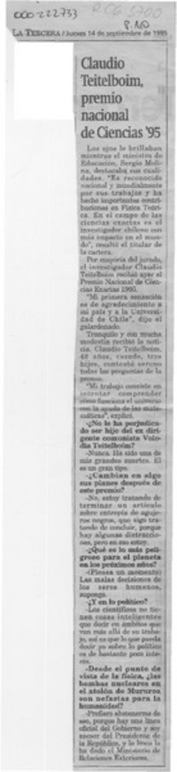 Claudio Teitelboim, Premio Nacional de Ciencias '95  [artículo].