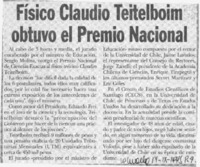 Físico Claudio Teitelboim obtuvo el Premio Nacional  [artículo].