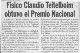 Físico Claudio Teitelboim obtuvo el Premio Nacional  [artículo].