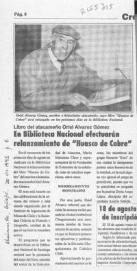 En Biblioteca Nacional efectuarán relanzamiento de "Huasco de cobre"  [artículo].