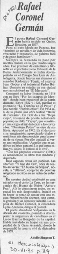 Rafael Coronel Germán  [artículo] Adolfo Simpson T.