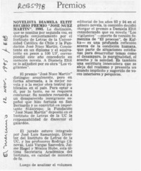Novelista Diamela Eltit recibió premio "José Nuez Martín"  [artículo].