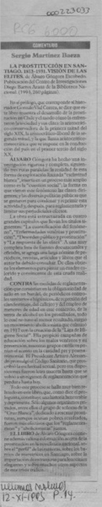 La prostitución en Santiago, 1813-1931, visión de las elites  [artículo] Sergio Martínez Baeza.