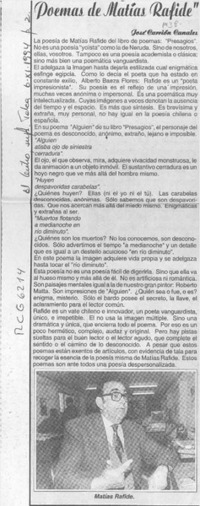 Acercamiento a "Presagios", poemas de Matías Rafide  [artículo] José Carrión Canales.