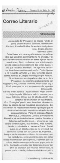 Correo literario  [artículo] Patricio Sánchez.
