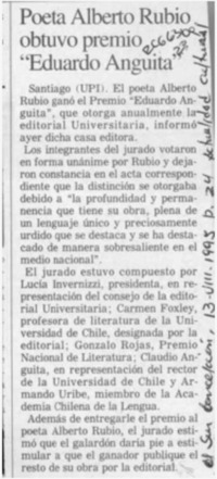 Poeta Alberto Rubio obtuvo premio "Eduardo Anguita"  [artículo].