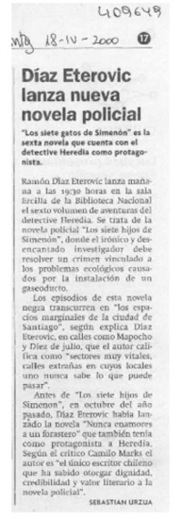 Díaz Eterovic lanza nueva novela policial  [artículo] Sebastián Urzúa