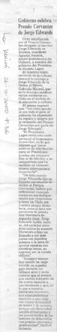 Gobierno celebra premio Cervantes de Jorge Edwards