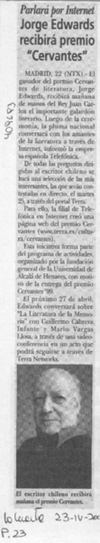 Jorge Edwards recibirá premio "Cervantes"  [artículo]