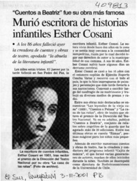 Murió escritora de historias infantiles Esther Cosani  [artículo]