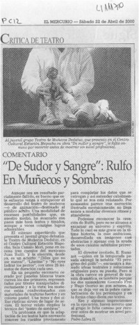 "De sudor y sangre", Rulfo en muñecos y sombras  [artículo] Pedro Labra H.