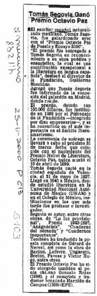 Tomás Segovia ganó Premio Octavio Paz  <artículo>