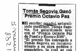 Tomás Segovia ganó Premio Octavio Paz  <artículo>