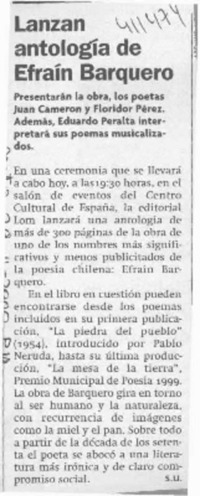 Lanzan antología de Efraín Barquero  [artículo] S. U.