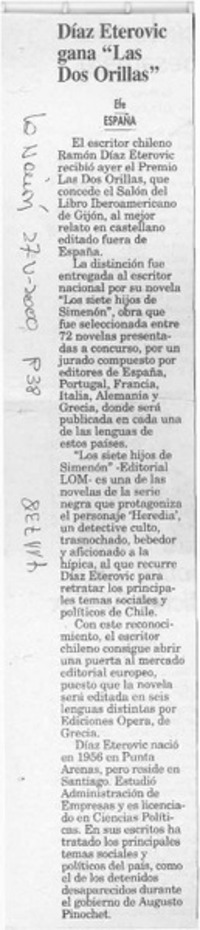 Díaz Eterovic gana "Las dos orillas"  [artículo]