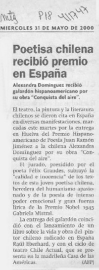Poetisa chilena recibió premio en España  [artículo]