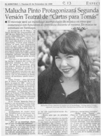 Malucha Pinto protagonizará segunda versión teatral de "Cartas para Tomás"  [artículo]