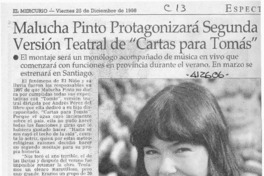 Malucha Pinto protagonizará segunda versión teatral de "Cartas para Tomás"  [artículo]