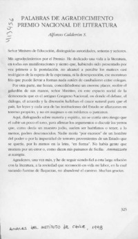 Palabras de agradecimiento Premio Nacional de Literatura  [artículo] Alfonso Calderón S.
