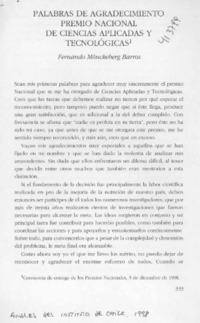 Palabras de agradecimiento Premio Nacional de Ciencias Aplicadas y Tecnológicas  [artículo]