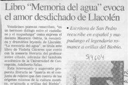 Libro "Memoria del agua" evoca el amor desdichado de Llacolén  [artículo]