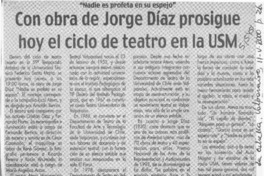 Con obra de Jorge Díaz prosigue hoy el ciclo de teatro en la USM  [artículo]