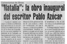 "Natalia", la obra inaugural del escritor Pablo Azócar