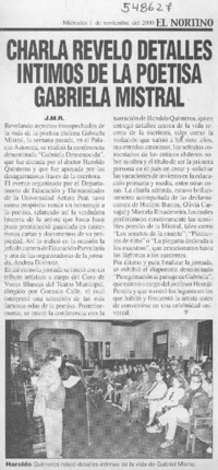 Charla reveló detalles íntimos de la poetisa Gabriela Mistral  [artículo] J. M. R.