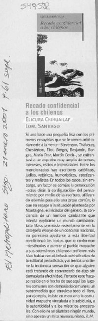 Recado confidencial a los chilenos  [artículo] R. M.