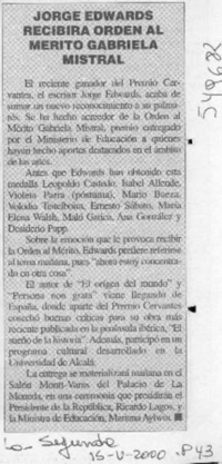 Jorge Edwards recibirá orden al mérito Gabriela Mistral  [artículo]