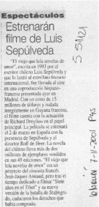 Estrenarán filme de Luis Sepúlveda  [artículo]