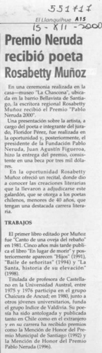 Premio Neruda recibió poeta Rosabetty Muñoz  [artículo]