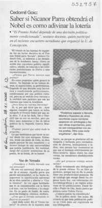 Saber si Nicanor Parra obtendrá el Nobel es como adivinar la lotería  [artículo]