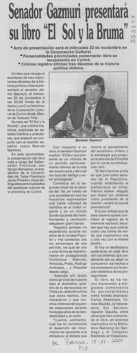 Senador Gazmuri presentará su libro "El sol y la bruma"