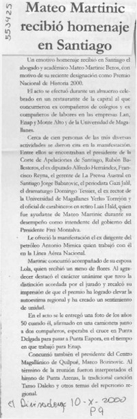 Mateo Martinic recibió homenaje en Santiago  [artículo]