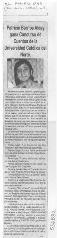 Patricio Barrios Alday gana Concurso de Cuentos de la Universidad Católica del Norte  [artículo] J. G. R.