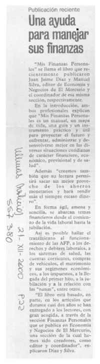 Una Ayuda para manejar sus finanzas  [artículo]