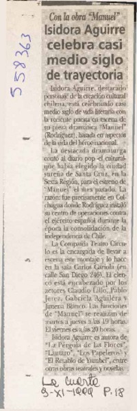 Isidora Aguirre celebra casi medio siglo de trayectoria  [artículo]