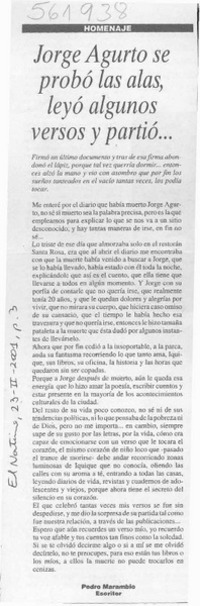 Jorge Agurto se probó las alas, leyó algunos versos y partió  [artículo] Pedro Marambio