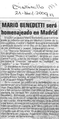 Mario Benedetti será homenajeado en Madrid  [artículo]